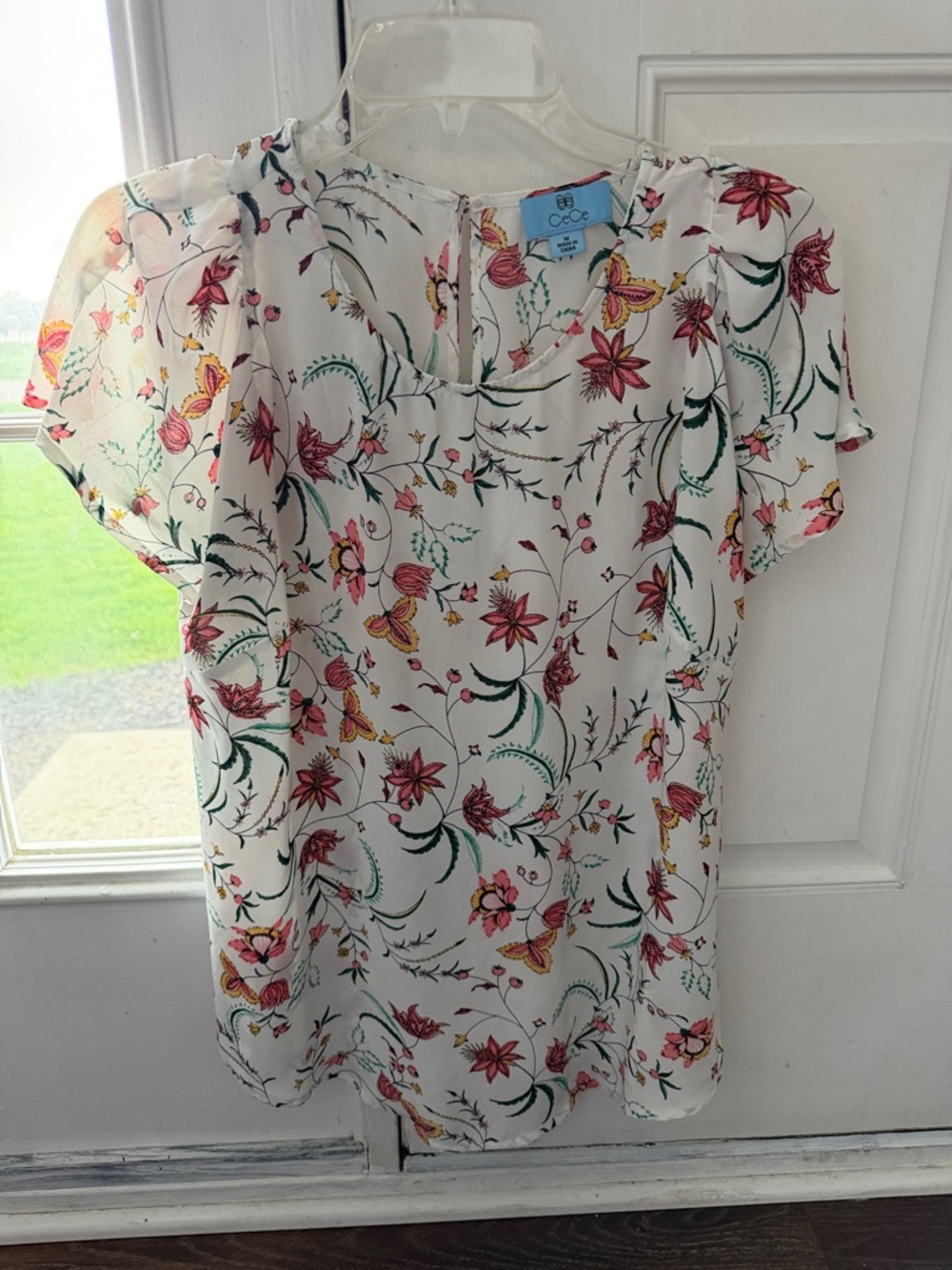 CeCe White Floral Short-Sleeve Blouse with Pink & Yellow Blooms